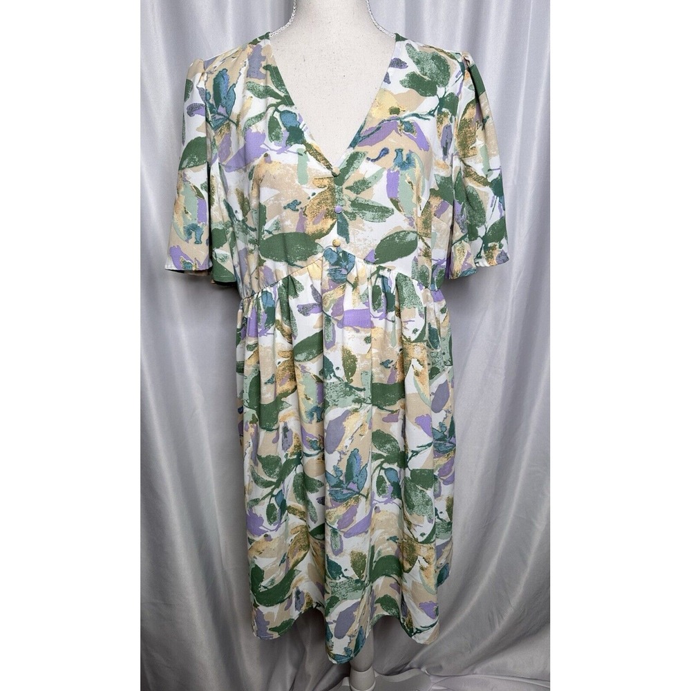SHEIN Dress Size L Floral V-neck Ruffle Sleeve Fit and Flare Multicolored